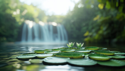 Serene Waterfall and Lily Pads Landscape