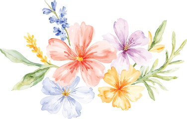 Fototapeta premium Delicate watercolor floral arrangement featuring soft hues of pink lavender blue and yellow flowers with green leaves isolated on transparent background