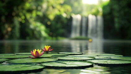 Serene Lotus Pond by a Waterfall