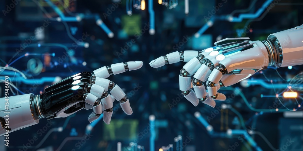 Poster two robotic hands reach toward each other in a high-tech environment, symbolizing artificial intelli