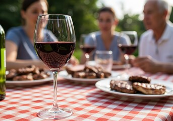 Obraz premium A family enjoys a summer picnic with wine and grilled food.