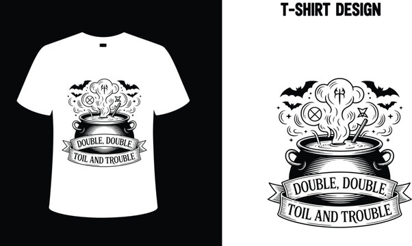 Halloween t shirt design with cauldron double double toil and trouble for spooky season apparel gift idea editable stock vector