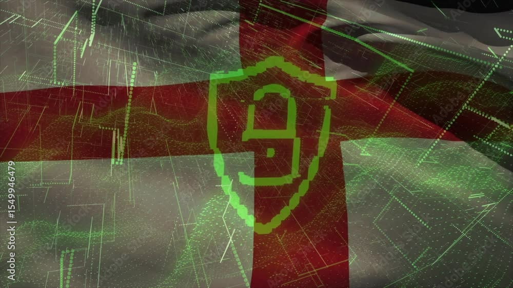 Poster england flag rippling starting green shield fading padlock scanning unlocking as data lines surging