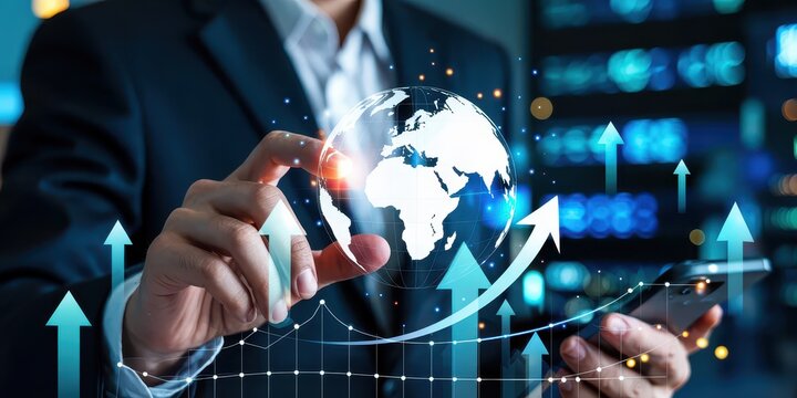 A businessman points to a digital globe with rising arrows, symbolizing global market expansion, business growth, strategy, and economic development.