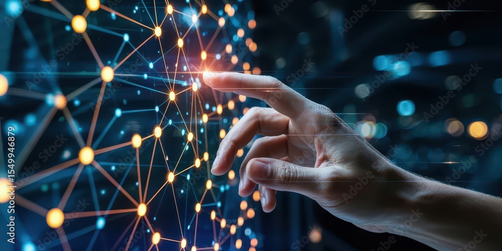 Poster a hand touches a glowing point on a digital network grid, representing connectivity, innovation, dat