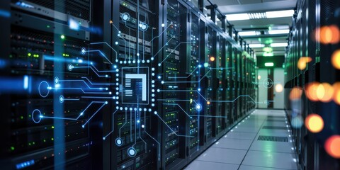 High-tech data center with glowing digital circuits, symbolizing cloud computing, data processing, cybersecurity, and advanced network infrastructure.
