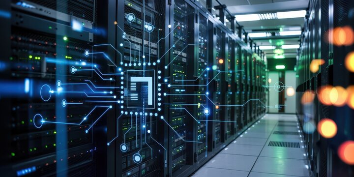 High-tech data center with glowing digital circuits, symbolizing cloud computing, data processing, cybersecurity, and advanced network infrastructure. - Powered by Adobe