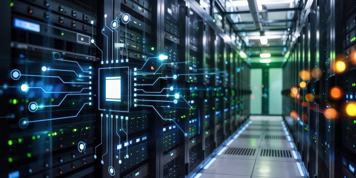 High-tech data center with glowing digital circuits, symbolizing cloud computing, data processing, cybersecurity, and advanced network infrastructure.