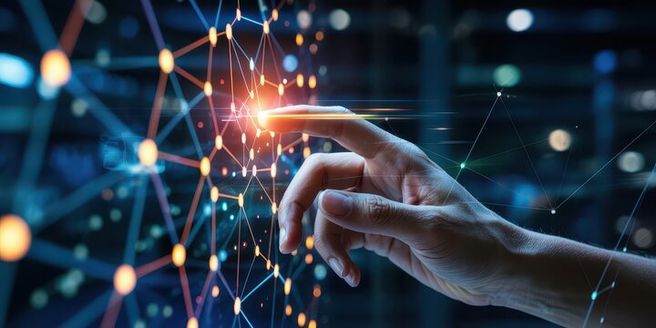 A hand touches a glowing point on a digital network grid, representing connectivity, innovation, data interaction, technology, and futuristic systems.