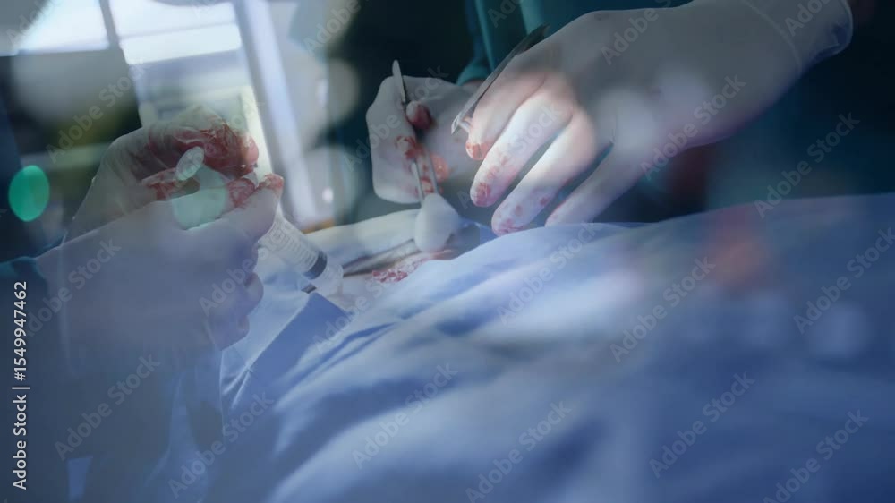 Poster surgeon injecting hemostatic agent while assistant suctioning blood and maintaining view in surgery
