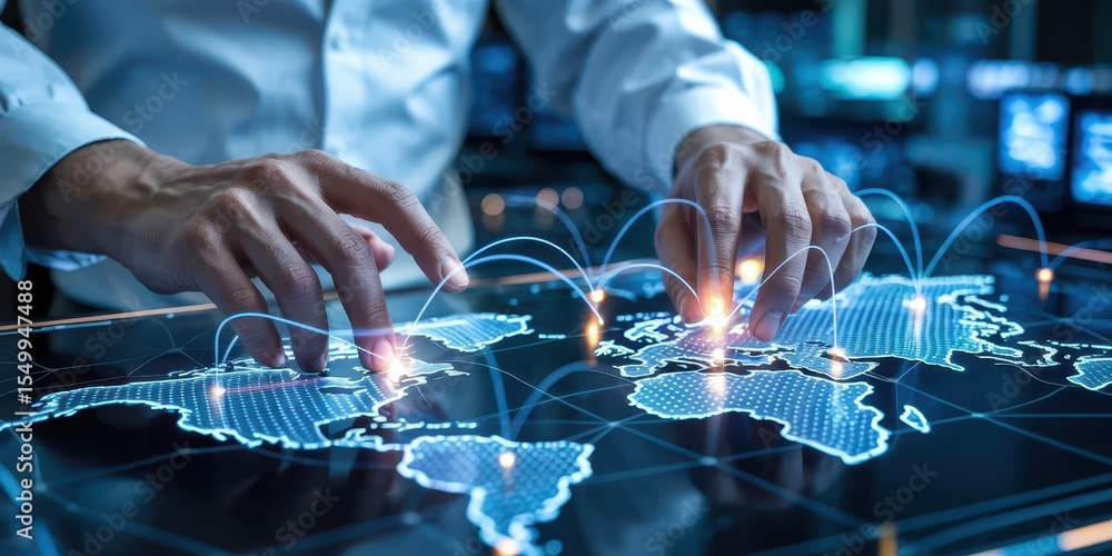 Poster hands interacting with a digital world map on a touchscreen, showing global connections, data transf