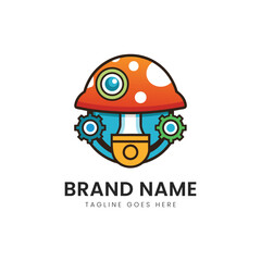 A vibrant, cartoonish robot design featuring an orange mushroom cap and gears, set against a blue background, perfect for tech or gaming themes.