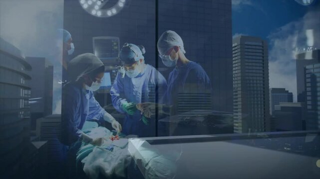 Lead surgeon making incision and cauterizing as animated vitals graph triggers medication change