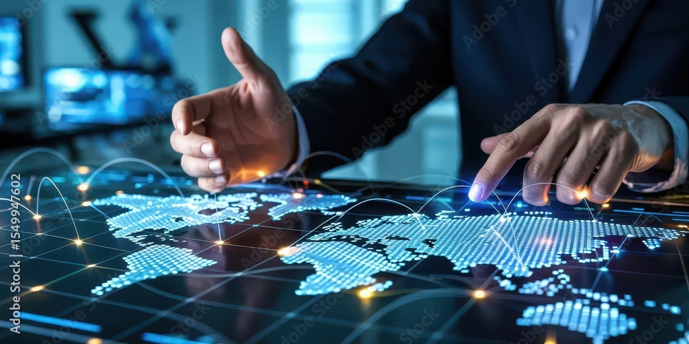 Poster a businessman points to a digital world map with connection lines, representing global communication