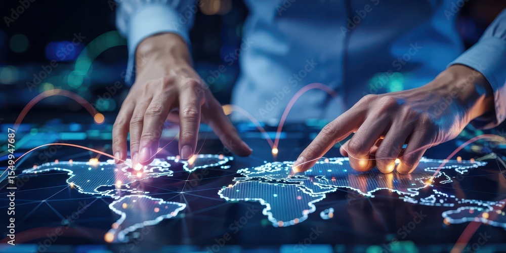 Poster hands interacting with a digital world map on a touchscreen, showing global connections, data transf