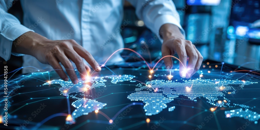 Poster hands interacting with a digital world map on a touchscreen, showing global connections, data transf