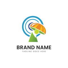 A vibrant logo featuring a colorful mushroom and mountain, symbolizing freshness and nature, with a modern swirl design representing innovation.