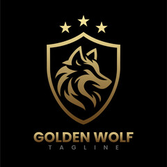 Golden Wolf Shield Logo Design with Three Stars