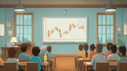 Students attentively watching a stock market presentation in bright classroom setting - Powered by Adobe