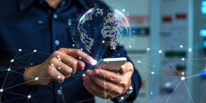 A businessman interacting with a smartphone displaying a holographic globe connected by a complex network of nodes and lines. - Powered by Adobe