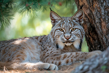 Generative AI image of majestic lynx wild cat resting in shade of tree in peaceful summer forest surrounded warm natural light
