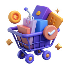 3d shopping cart filled with colorful boxes and bags isolated on white background