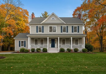 Beautiful two-story home during the fall season with vibrant autumn colors.