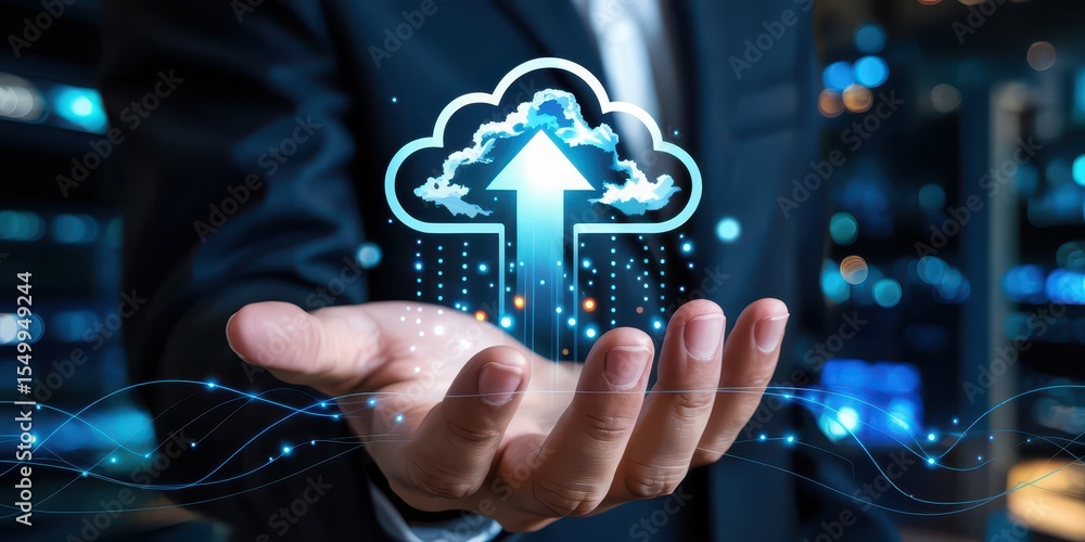 Poster a businessman’s hands cradle a glowing cloud icon with an upward-pointing arrow, symbolizing data up