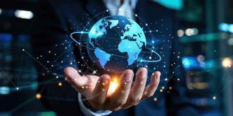 Fototapeta premium A businessman’s hands gently hold a glowing cloud icon with an upward arrow, representing secure data uploading, cloud storage, and the benefits of digital transformation for modern businesses.