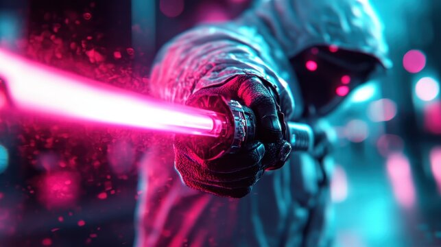 A striking cyberpunk warrior brandishes a neon-lit saber in a dynamic pose, emphasizing futuristic aesthetics, technology, and an intense action-oriented atmosphere.