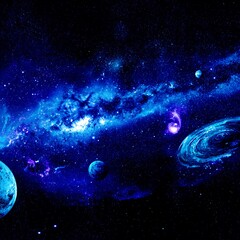Blue cosmic expanse featuring planets galaxies