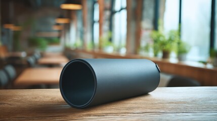 Stylish faux leather document tube in charcoal with snap closure on a softly blurred architectâ€™s studio background