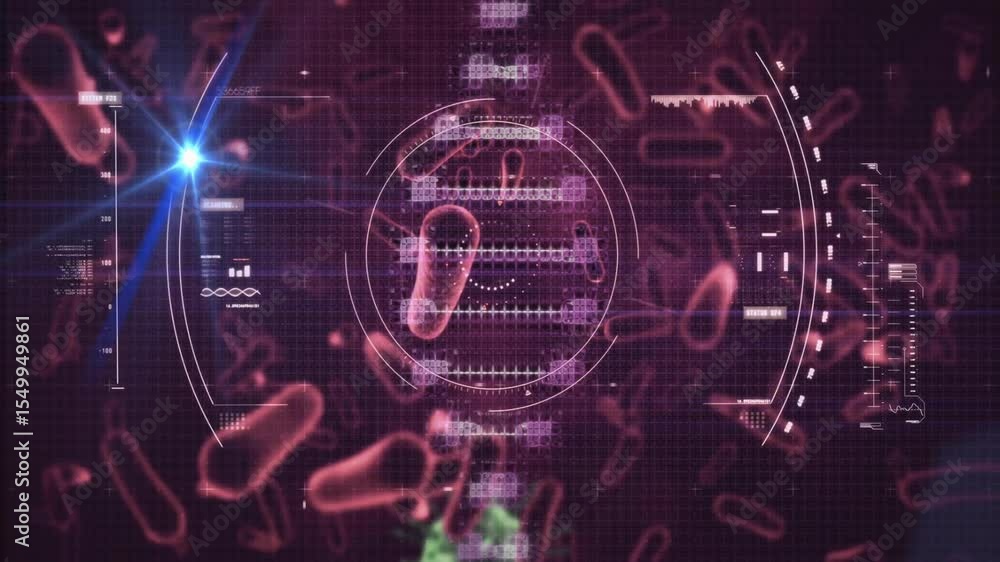 Poster bright blue flare flashing at reticle causing green virus particle entering reticle for analysis