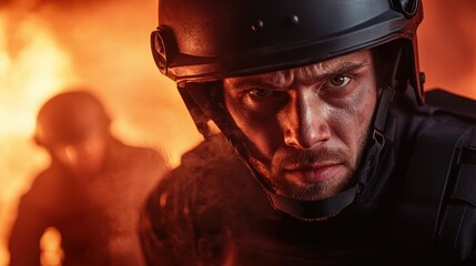 A close-up of a determined soldier wearing a tactical helmet, displaying intense focus and bravery amid an explosive background, symbolizing courage and resilience in action.