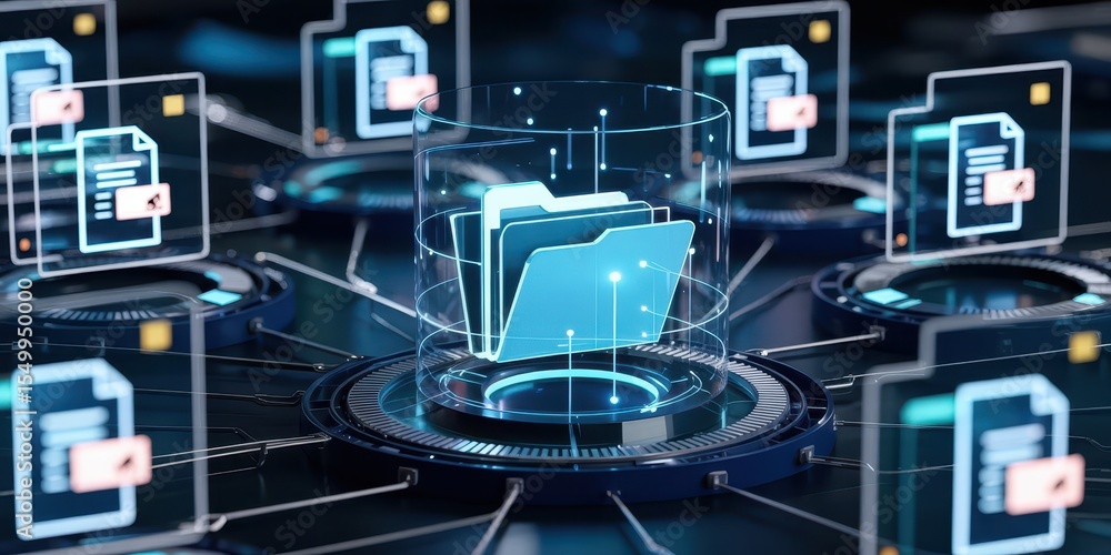 Poster a futuristic network of digital documents and folders. a concept for data management, cloud storage,
