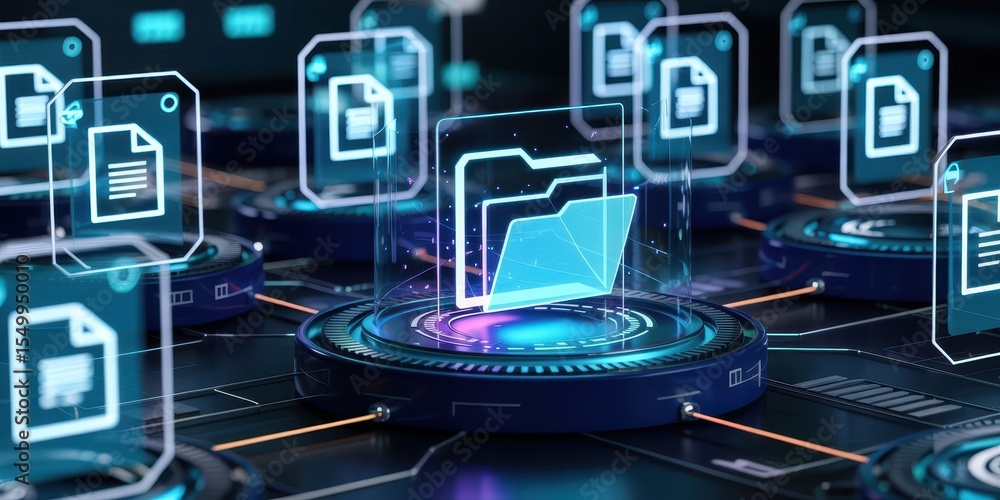 Poster a futuristic network of digital documents and folders. a concept for data management, cloud storage,