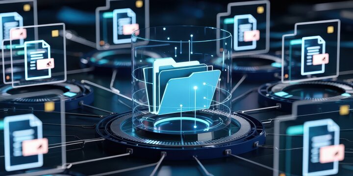 A futuristic network of digital documents and folders. A concept for data management, cloud storage, and information archiving technology.