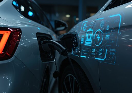 Electric vehicle charging with advanced digital interface, showcasing innovation in sustainable transportation - Powered by Adobe
