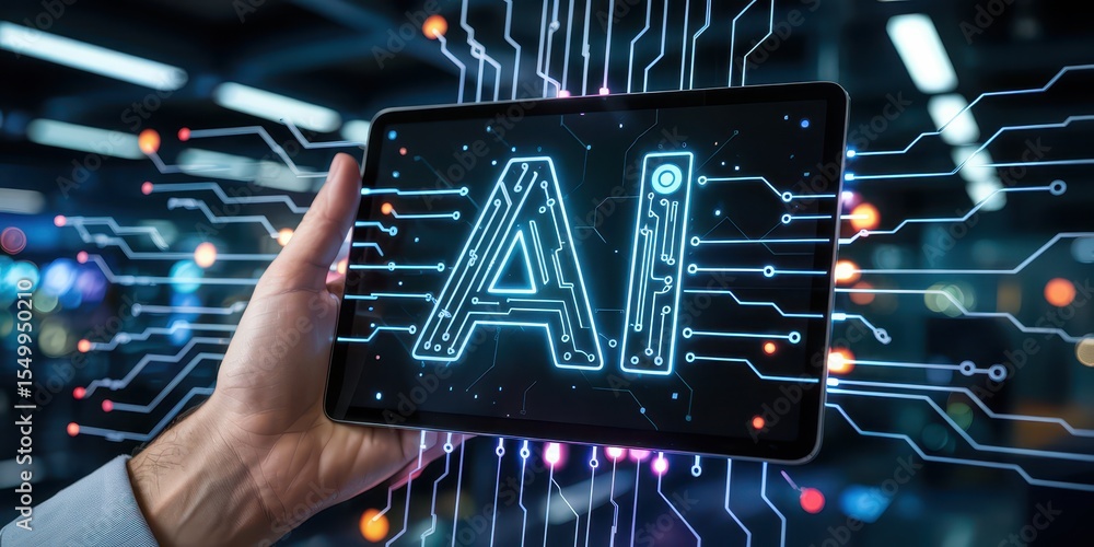 Poster hand holding a tablet with a glowing ai circuit icon. a futuristic neural network background represe