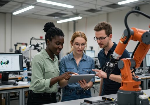 Engineers gather around a tablet, analyzing a robotic arm in a cutting-edge lab setting.