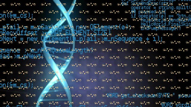 Bright blue arcs appearing on right forming DNA helix on grid, scrolling code populating UI frame