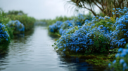 A tranquil stream lined with vibrant blue flowers and lush greenery on a misty morning landscape view