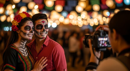 Obraz premium Couple in Dia de los Muertos makeup posing for a photo at night