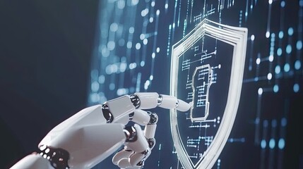 A robotic hand interacts with a digital shield.