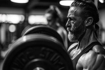 Senior Man Weightlifting, Gym Strength, Fitness, Black and White, Barbell, Muscle, Power, Exercise, 