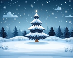 Fototapeta premium Snowy Winter Landscape with Pine Tree and Falling Snowflakes