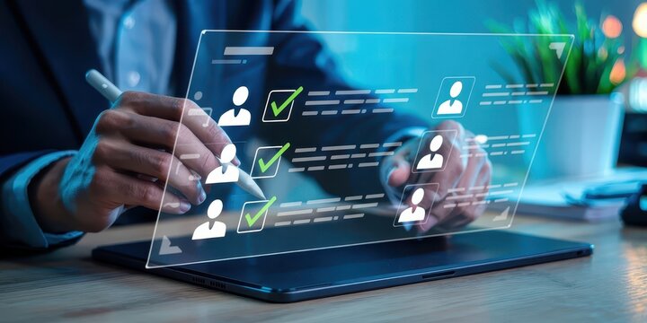 HR manager uses a tablet to select candidates from a virtual checklist. A concept for digital recruitment, talent acquisition, and hiring technology.
