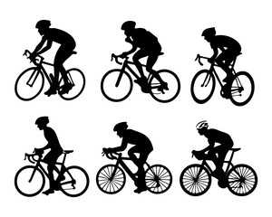 Obraz premium Black Silhouettes of Cyclists Riding Road Bikes Against a White Background