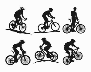 Fototapeta premium Silhouette Collection of Cyclists in Various Poses on White Background