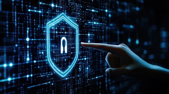 A hand points to a digital shield with a padlock graphic.